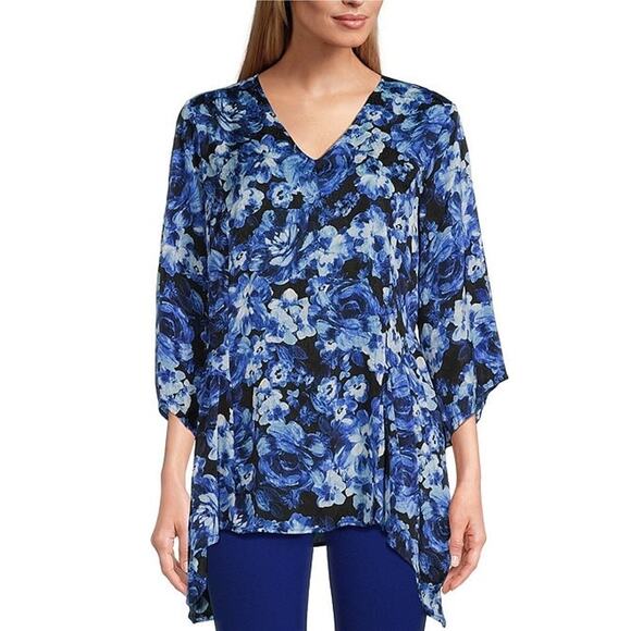New Slim Factor by Investments Plus Size Royal Blue Floral Tunic Blouse Size 3X - Picture 1 of 7